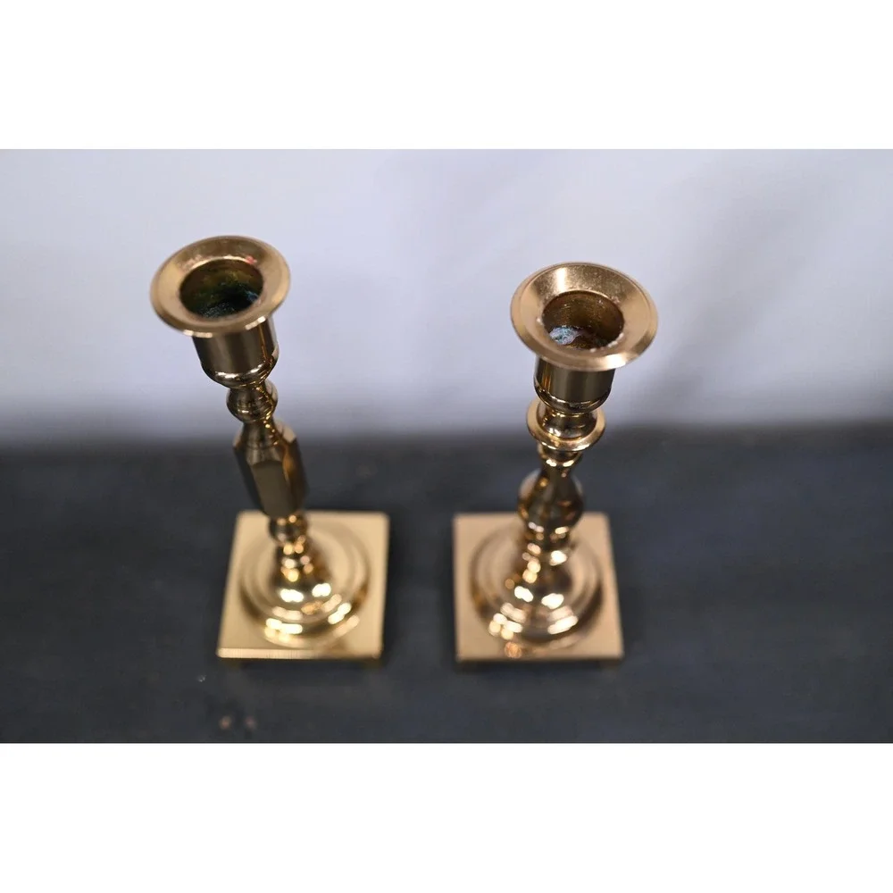 Vintage Square Bottom Brass Candle Stick Holders Set of 2 Gold Taper 7.25 inch